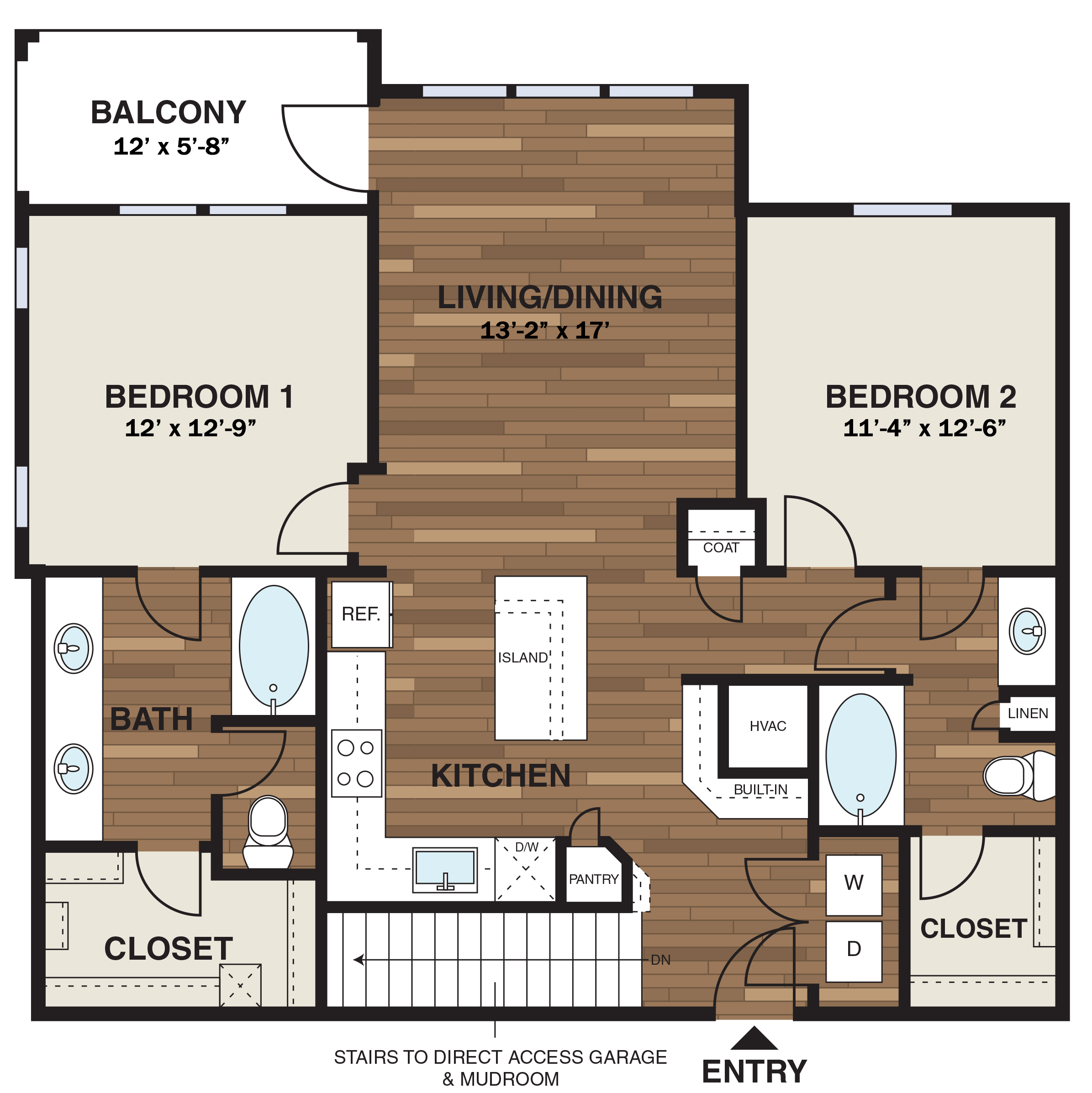 Floor plan for 2 beds, 2 baths, 1102 sqft